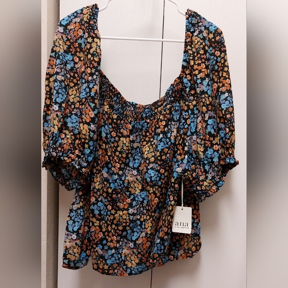 ANA Women's Floral Scoop Neck Peasant Top NWT Pouf Sleeves Boho 100% Cotton - Picture 7 of 16